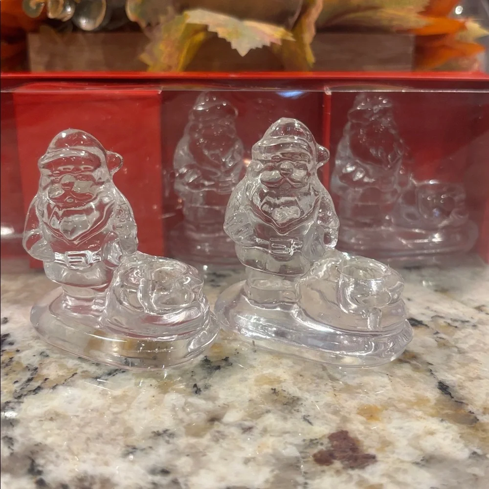 Williams Sonoma Clear Glass Santa Tiny Taper Candle Holders